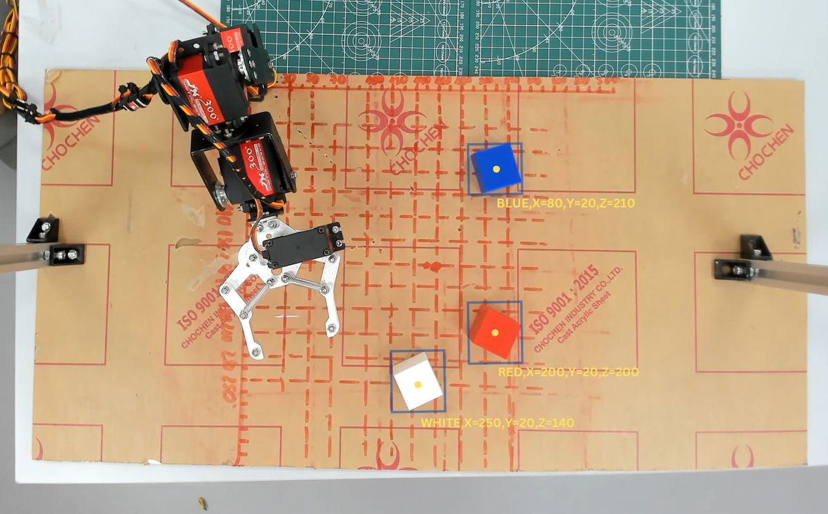 Overhead camera view of the arm with its claw gripper beside three blocks, blue, red and white, each in a detection box with a centre dot and a label giving its colour and X, Y and Z position.