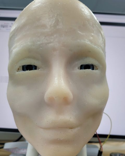 The face smiling, lip corners raised.