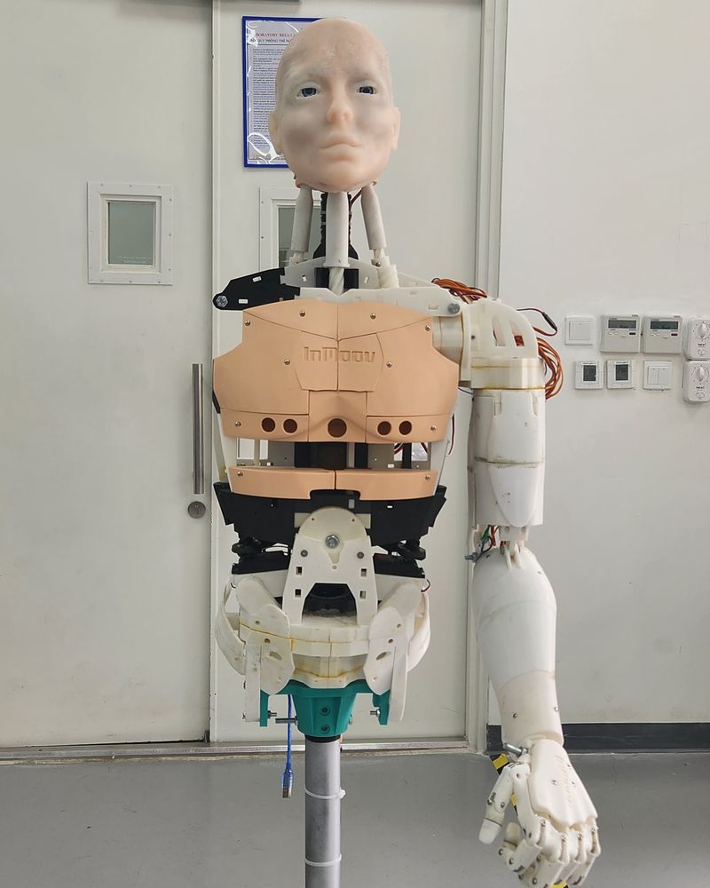 The InMoovXtra robot from the front: silicone face, neck, printed torso and waist, and a left arm and hand, mounted on a pole.