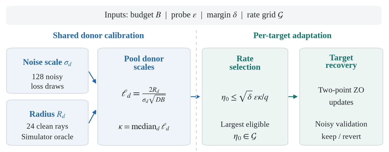 Method diagram: noise scale and radius measured on donor devices are pooled into a step scale, which selects the largest eligible learning rate from a grid before two-point zeroth-order updates recover the target device with noisy keep-or-revert validation